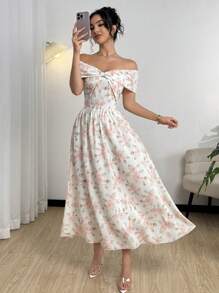 Modelyn Gaun Off Shoulder Bermotif, Modis untuk Musim Panas - MultiWarna - View 6