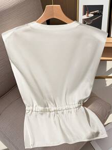 Modelyn Women's Solid Color Round Neck Cap Sleeve Tie Waist Fashionable Shirt, Summer - White - View 4