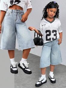 SHEIN Short en jean ample retro lavé bleu clair à taille haute, style streetwear décontracté polyvalent pour préadolescentes, shorts en jean ample long jambe large, shorts d'été bohème pour vacances à la plage, tenues casual pour concerts d'été et festivals, tenues d'été pour brunch, église, remise de diplômes, tenues de rentrée scolaire streetwear