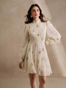 Anewsta Modern Champagne High-End Floral Mesh Network Elegant Sequin Long Sleeve Dress For Women, Festival, Resort Wear, Spring & Summer Outfits - Champagne - View 4