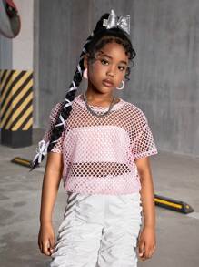 SHEIN 青少年女孩街头风格针织网眼圆领休闲运动短袖上衣 - 珊瑚粉 - 查看 3