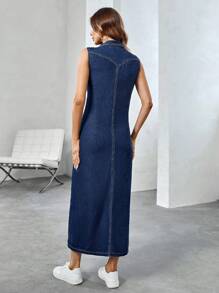 SHEIN Essnce Women's Summer Casual Single Row Button Front Sleeveless Denim Dress - Dark Wash - View 2