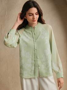 Anewsta Chemise à boutons à manches longues semi-transparente avec motifs floraux pour femmes - Vert - Voir 6