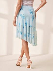 Chiquease Falda asimétrica de línea A con estampado de red casual/para vacaciones - Azul - Ver 2