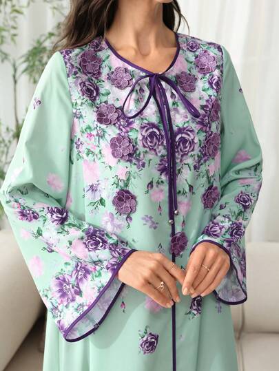 Al Najma V 领贴花撞色系带喇叭袖连衣裙阿拉伯风格，春夏，端庄