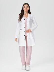 TaskEZ Bata de laboratorio para mujeres con cintura ajustable, 3 bolsillos y contraste de color en las mangas largas