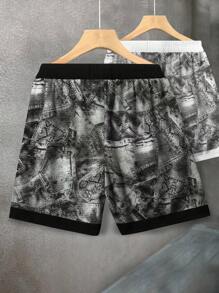 Manfinity Dauomo Men's Summer Fashionable Denim Effect Print Shorts - Multicolor - View 2