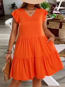 EMERY ROSE Plus Size V-Neck Cap Sleeve Vacation Casual Solid Color Dress, Simple And Fashion Style, Suitable For Summer,Casual Holiday Style, Casual Holiday Outfits, Summer Fashion, Women's Summer Outfits, Mother's Day Outfits, Country Concert Outfits, Women's Boho Outfits, Women's Western Outfits, Women's Holiday Outfits, Women Summer Clothing Women Plus Clothing Business Casual Woman S Summer Clothes Women Plus Clothing Formal - Orange - View 1