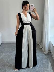 Auvina Tuta ampia da donna con vita stretta, scollo a V e pieghe, taglia forte, elegante per uso quotidiano, casual, pendolare e vacanza