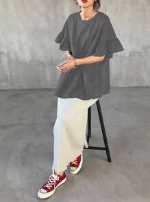 FRIFUL 女士纯色圆领喇叭袖T恤短袖上衣适合户外、夏季度假 - 深灰色 - 查看 2