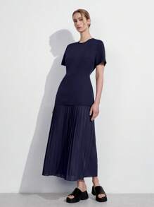 Lumivelle Women's Round Neck Short Sleeve A-Line Patchwork Pleated Chiffon Elegant Dress