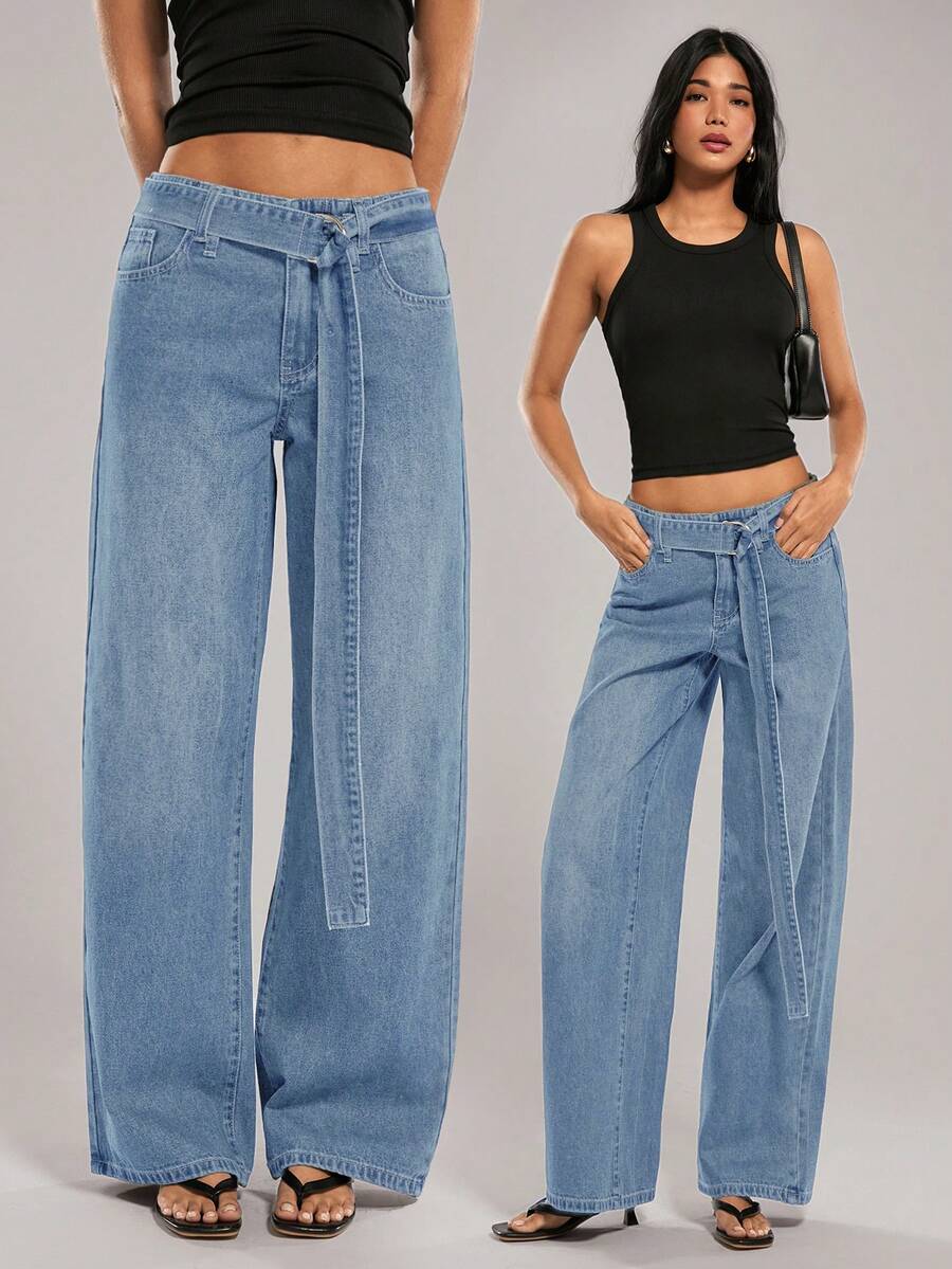 SHEIN Forever 21 春夏女士浪漫/舞会/正式/生日/90 年代/商务休闲/优雅/西部装/外出/时尚/休闲/千禧/俱乐部/办公室/鸡尾酒会/复古/狂欢/有趣/优雅/老钱/街头服饰/度假/乡村音乐会/工作/端庄/春假/单身女郎/音乐会/坏人/基本款/毕业/蓝色水洗低腰宽松直筒牛仔牛仔裤 - 淺色水洗藍 - 查看 1