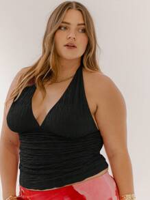 Aralina Áo thun cổ yếm xếp nếp Curve Plus Size Slim Fit hở lưng buộc dây khi đi chơi - màu đen - Xem 6