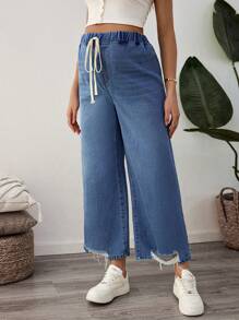 SHEIN Jeans de mezclilla con flecos y amarres a la cintura sueltos para embarazadas, adecuados para uso diario en verano