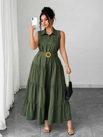 Elenzga Vestido camisero de verano de talla grande para mujer, de unicolor, informal/de oficina, con un solo abotonamiento delantero, sin mangas y falda larga fruncida