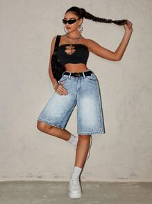 SHEIN ICON 女士休闲水洗宽松牛仔短裤 - 淺色水洗藍 - 查看 2