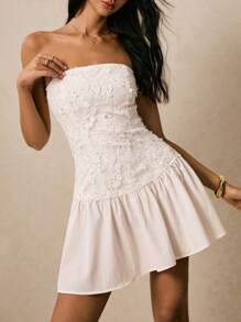 Poéselle Women's Solid Color Strapless Short Dress, Fashionable For Summer,Summer Dresses For Women	,Vacation Outfits Woman,Beach Outfits For Woman,Beach Vacation Outfits - White - View 2