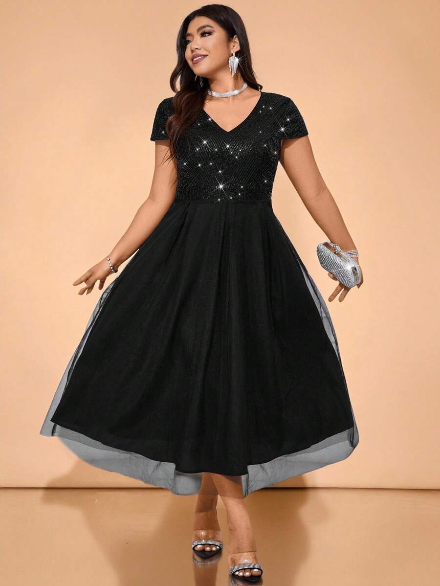 Allurite Đầm Maxi Lưới Sequin Cỡ Lớn Cho Nữ Trang Phục Dạ Hội - màu đen - Xem 1