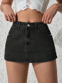 SHEIN PETITE Quần denim đa năng thường ngày có túi cho nữ - màu đen - Xem 4