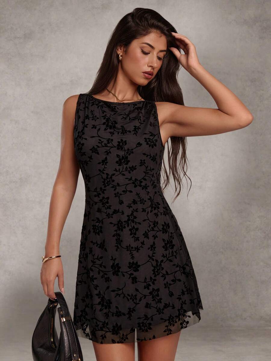 SHEIN Forever 21 Women's Black Mini Dress: Sleeveless Knitted Fabric With Floral Print And Round Neckline, Flared Hem - Black - View 1