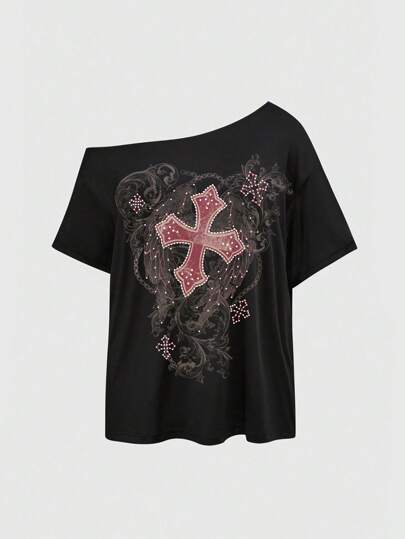 Grunge Punk Camiseta básica negra con hombros descubiertos, estilo vintage de ajuste holgado para uso en la calle en verano, talla grande