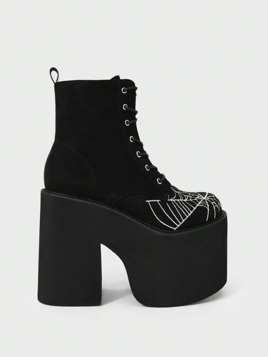 Sugerpunk Women's Fashion Thick Sole Super High Heel Ankle Boots, Punk Y2K Spider Web Embroidery Lace-Up Platform Boots, Suitable For Stage Performance Wedge Boots - Black - View 1