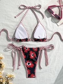 SHEIN Swim Women Floral Drawstring Bikini Set, Sexy Beachwear Bikini Set For Beach, Sunbathing, Swimming Pool Party For Summer Beach Vacation