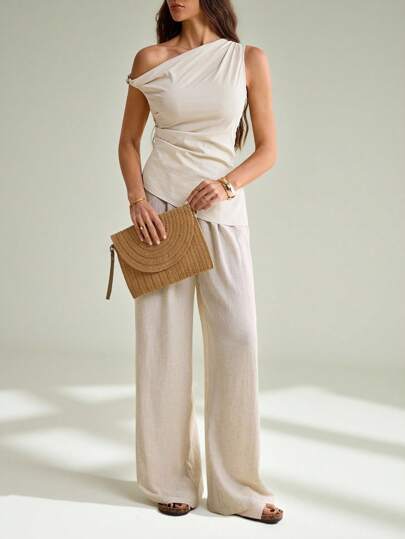 SHEIN Tall 女士时尚优雅不对称缀饰褶饰单肩垂坠上衣，褶饰斜肩编织衬衫，适合日常穿着、约会之夜、音乐会、表演、派对、俱乐部