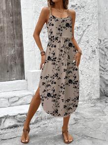 SHEIN LUNE 女士休闲复古碎花夏季透气扎染收腰开衩吊带背心连衣裙，适合夏季 - 彩色 - 查看 5