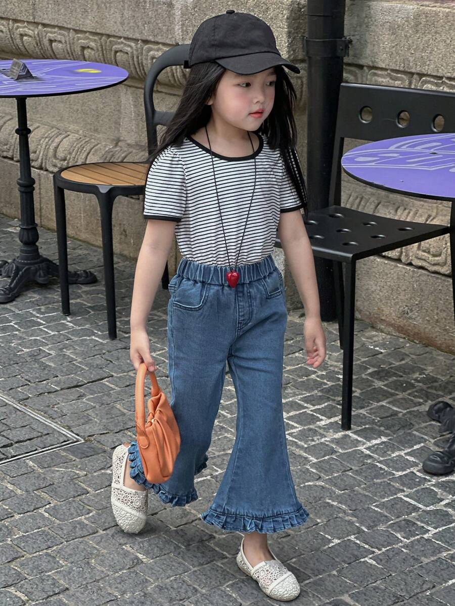 DAZY 女童夏季水洗喇叭长款牛仔裤 - 淺色水洗藍 - 查看 1