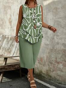 EMERY ROSE 2pcs/Set Plus Size Women Casual Vacation Green Stripe & Floral Print Set, Suitable For Summer Vcay Women Summer Sets,Vacation Outfits Woman,2 Pieces Summer Outfit Fall Clothes