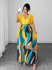 Elenzga 大码女式春夏波西米亚海滩度假休闲旅行高端设计彩色不对称几何印花时尚华丽性感圆领荷叶边袖长裙 - 彩色 - 查看 6
