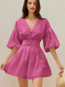BELROSIE Elegant Vintage Floral Embroidered V-Neck Puff Sleeve Cinched Waist Front Button Down Flared Hem A-Line Dress For Women - Pink - View 5