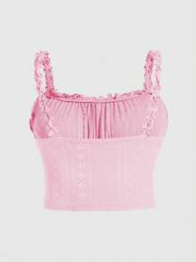 SHEIN EZwear Camiseta Romântica Rosa Transparente com Babados na Barra, Fashion e Versátil para Primavera/Verão, Dia dos Namorados - Rosa chiclete - Visão 5