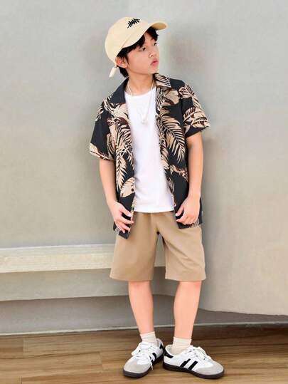 SHEIN Leap Crew 青少年男童 2 件套休闲新奇印花梭织衬衫和短裤套装，适合度假、暑假、购物、学校、花园、海滩、生日、春夏秋冬