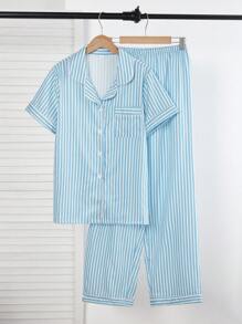 CottageSlumber Bộ 4 món/Bộ đồ ngủ sọc hoa cổ bẻ tay ngắn màu xanh nhạt dành cho nữ, họa tiết hoa rực rỡ, ấm áp và thanh lịch - Nhiều màu - Xem 5