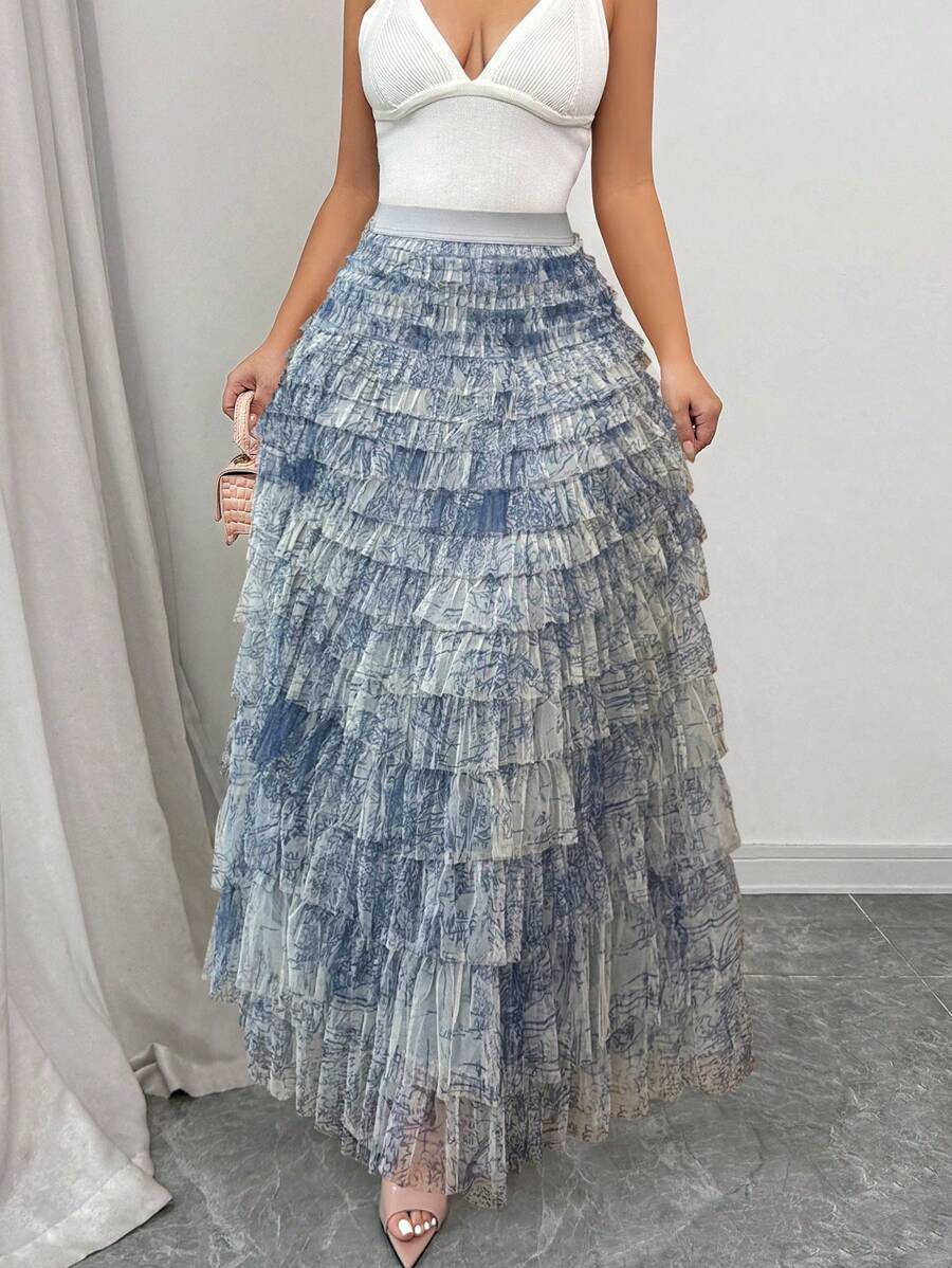 Elenzga Plus Size Floral Print Ruched Gradient Hem Skirt,Valentine Fall Cloth For Women