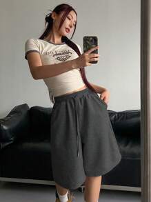 DAZY 女款休閒百搭寬鬆抽繩腰短褲 毛線短褲 校園風 - 深灰色 - 查看 2