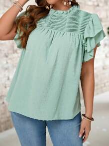 EMERY ROSE Plus Size Women's Summer Elegant Swiss Dot Ruffled Sleeve Blouse,Country Casual Vacation Woman,Simple And Fashionable For Everyday Wear,Summer Tops Women,Summer For Women,Vacation Woman Summer For Women Office Wear, Vacation Woman, Summer For Women Festival Boho,Holiday,Summer Outing,Simple & Fashionable Plus Size Women Top - Green - View 1