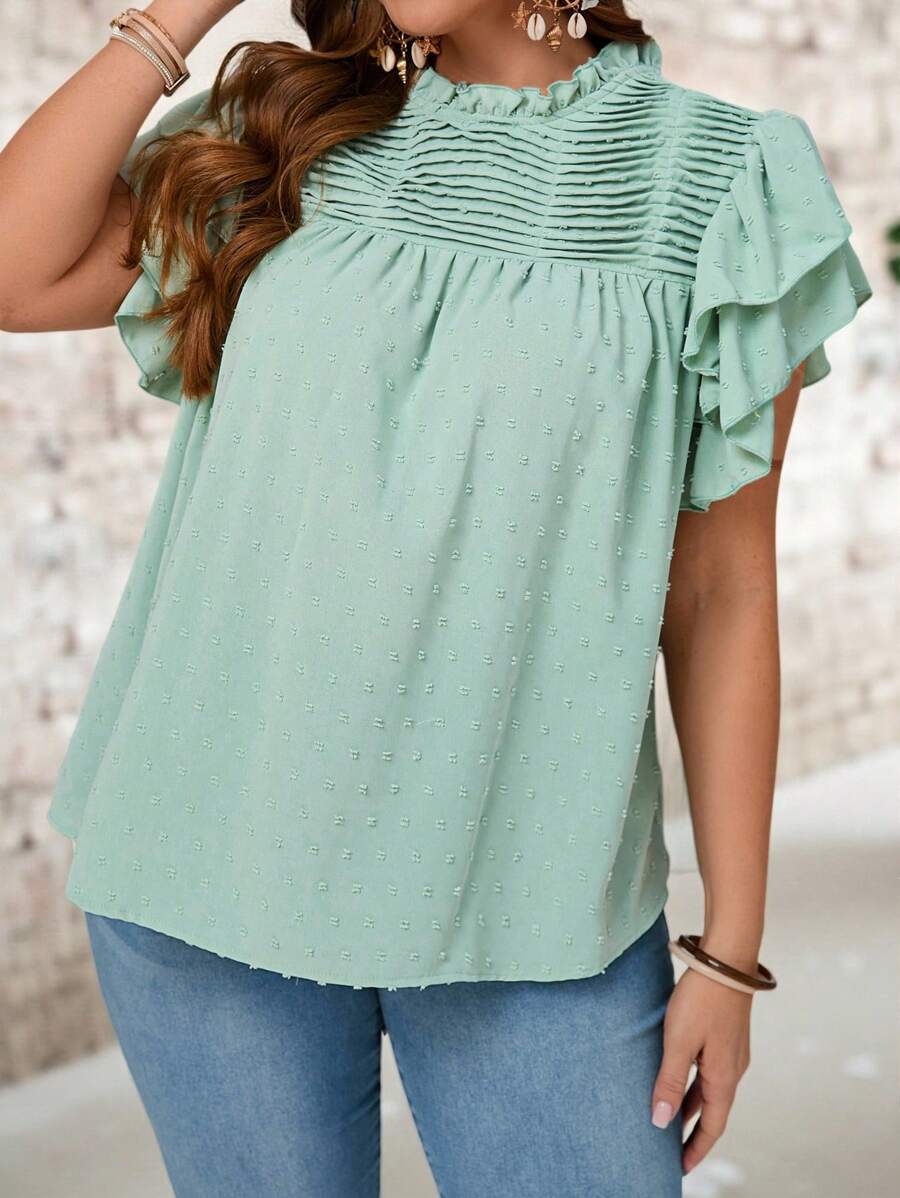 EMERY ROSE Plus Size Women's Summer Elegant Swiss Dot Ruffled Sleeve Blouse,Country Casual Vacation Woman,Simple And Fashionable For Everyday Wear,Summer Tops Women,Summer For Women,Vacation Woman Summer For Women Office Wear, Vacation Woman, Summer For Women Festival Boho,Holiday,Summer Outing,Simple & Fashionable Plus Size Women Top - Green - View 1
