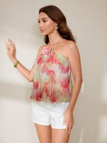 Uhlyne Áo hở cổ không tay xếp ly in họa tiết thời trang có họa tiết hoa, trang phục nghỉ dưỡng thanh lịch dành cho nữ - Nhiều màu - Xem 6