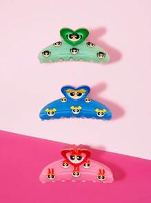 THE POWERPUFF GIRLS X SHEIN 3 pièces Pinces à cheveux de mode pour femmes, motifs minimalistes et doux de fleurs, bulles, boutons d'or, conviennent pour un port quotidien