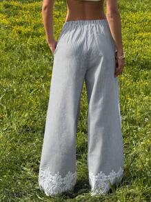 SHEIN EZwear 女式蕾丝拼接条纹口袋阔腿裤 - 灰色 - 查看 2