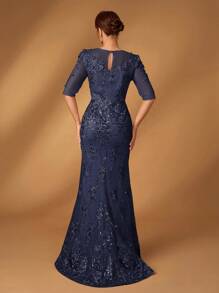 Serin Váy đuôi cá tay vừa vặn thêu lưới sequin thanh lịch, phù hợp cho dạ hội, tiệc độc thân, hẹn hò, kỳ nghỉ, đám cưới, váy mẹ cô dâu - Màu xanh hải quân - Xem 2