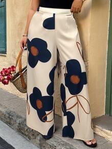 Breezaya Plus Size Women's Fashion Floral Print Loose Wide Leg Pants, Vacation Style