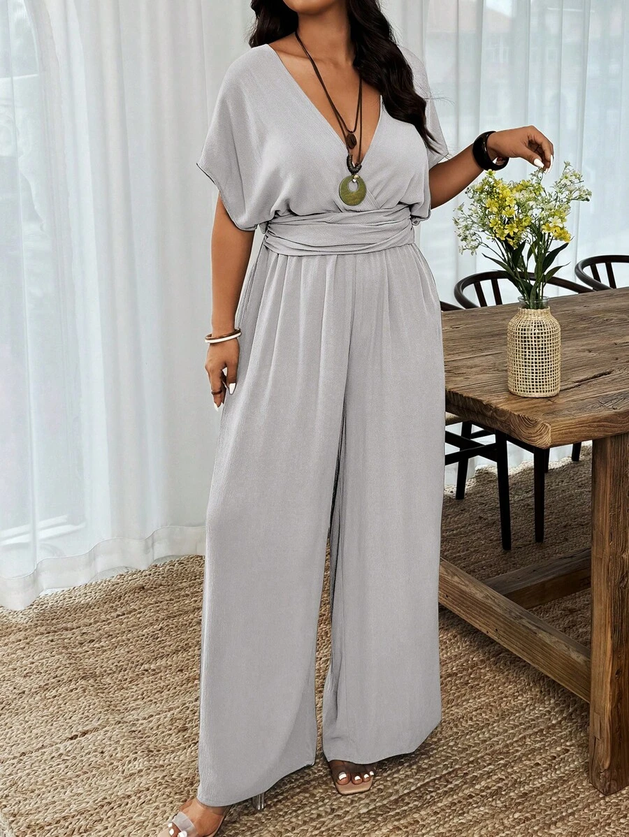 Breezaya 加大码女式深V领纯色褶饰喇叭腿连体裤，性感 - 灰色 - 查看 1