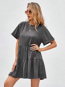 Breezaya Đầm Babydoll viền bèo nhún cổ tay cuộn trang phục đi biển cho nữ - Màu xám đen - Xem 4