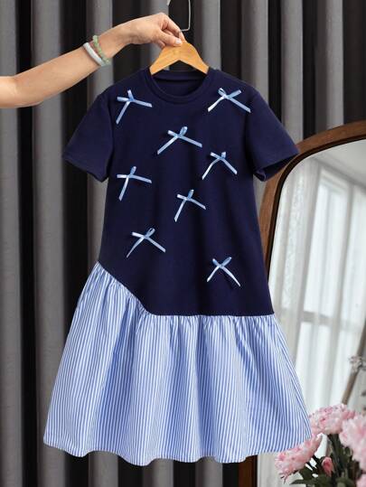 Tween Girls Casual Striped Patchwork Bow Decor Summer Dress Casual Dress For Girls Casual Dresses For Girls Casual Dress For Kids Kids Dress Casual Casual Dress For Young Girls