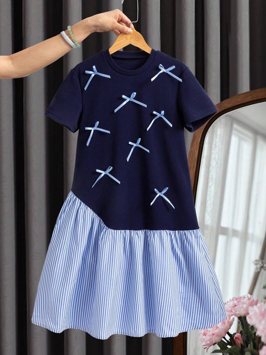 Tween Girls Casual Striped Patchwork Bow Decor Summer Dress Casual Dress For Girls Casual Dresses For Girls Casual Dress For Kids Kids Dress Casual Casual Dress For Young Girls