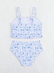 Young Girl Marine Life Print Adjustable Straps Tankini Swimsuit Set - White - View 2